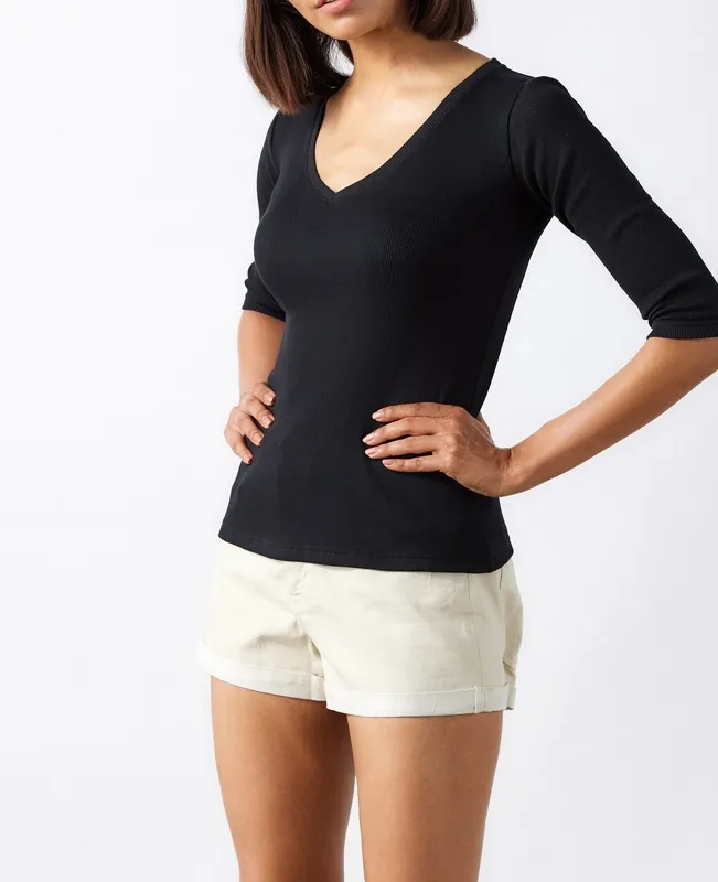Black Ribbed V-Neck Tee