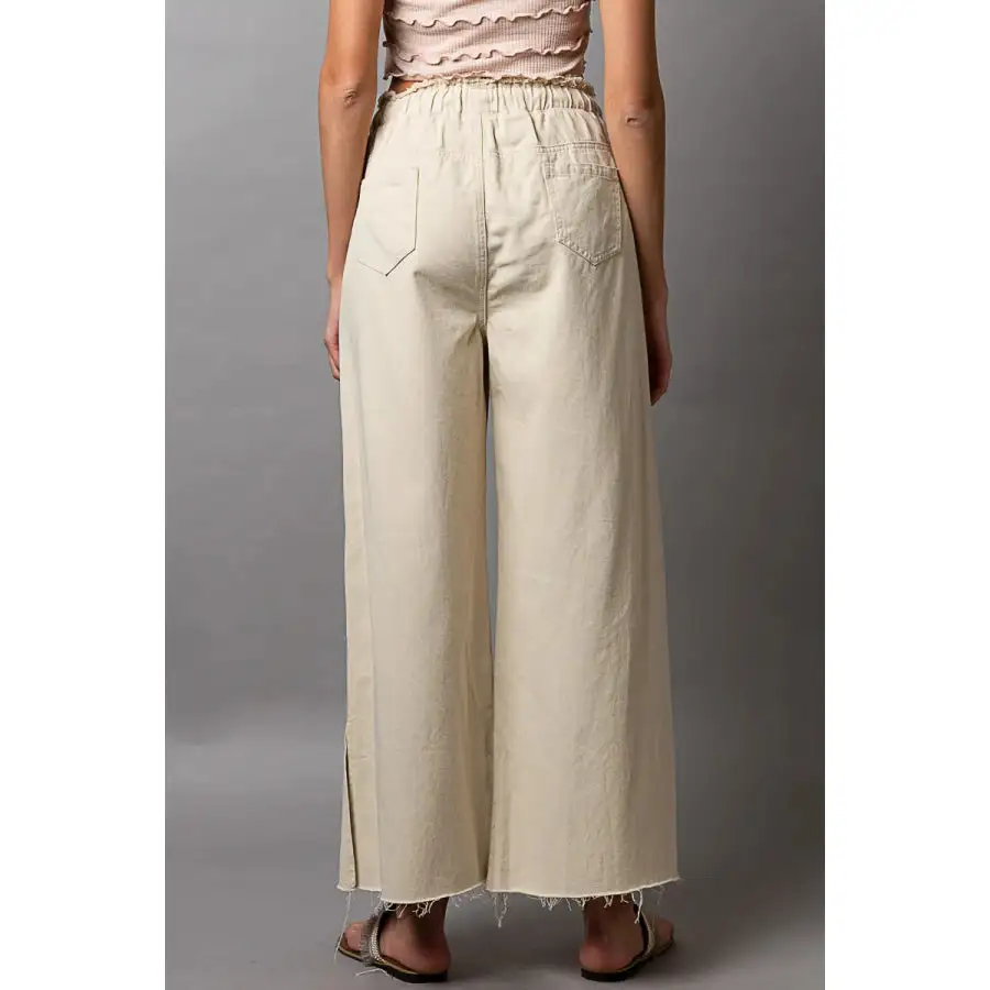 Distressed Drawstring Slit Wide Leg Pants