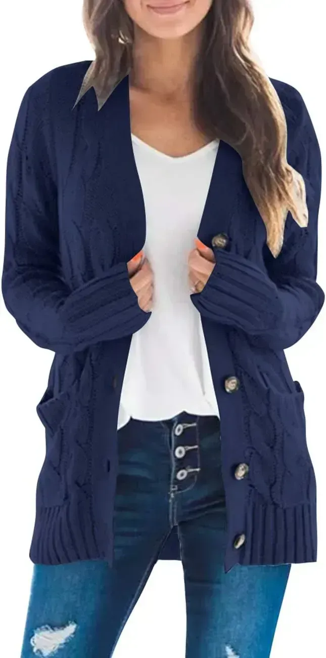 MEROKEETY Women's 2024 Fall Long Sleeve Cable Knit Sweater Open Front Cardigan Button Loose Outerwear