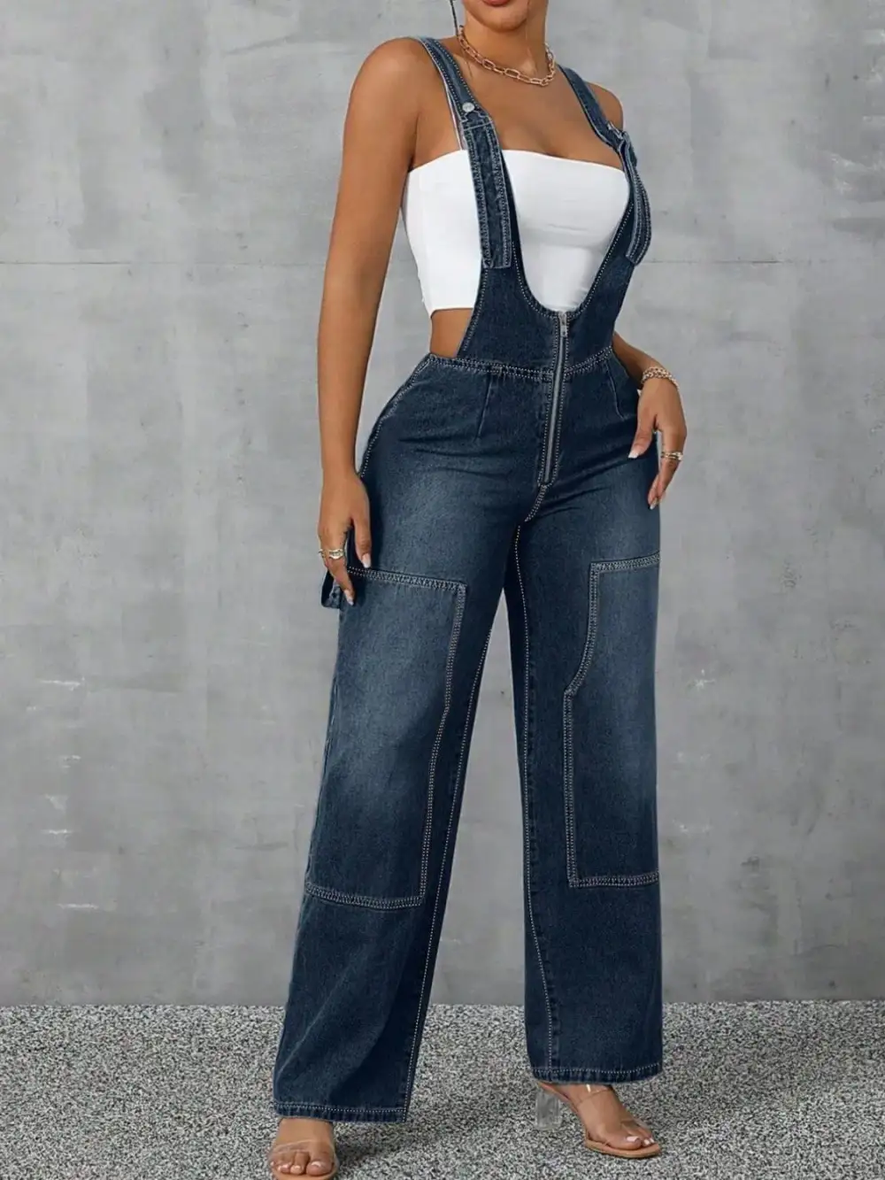 Zip Front Wide Strap Denim Overall Accessory