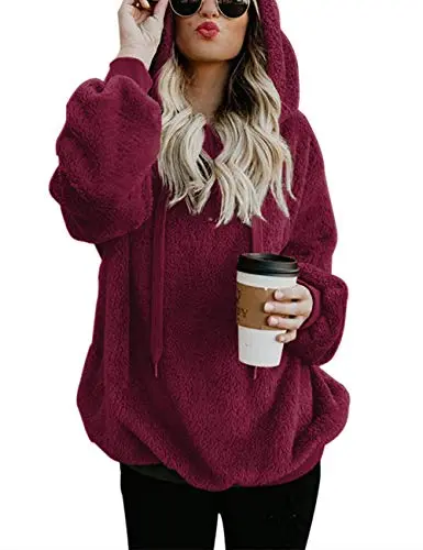 Women Casual Double Fuzzy Sweatshirt Faux Fleece Zip Pullover Hoodies Coat Outwear S-XXL