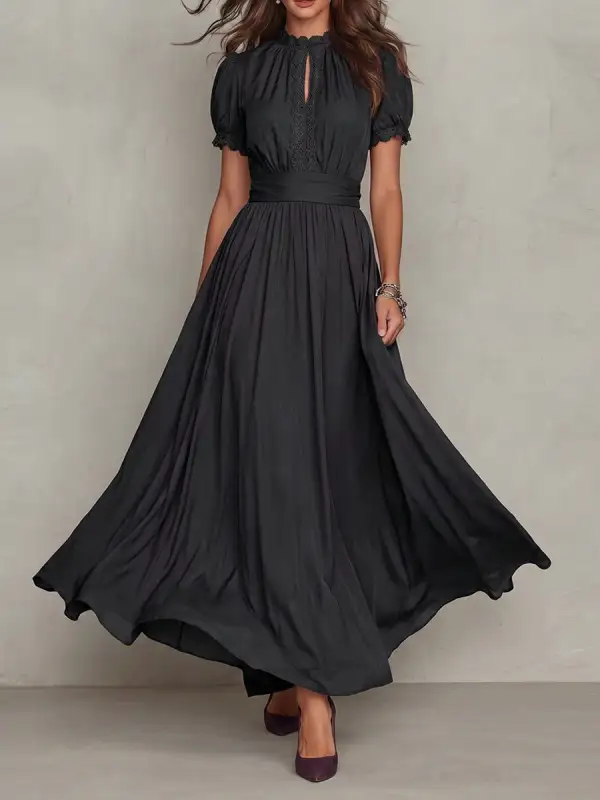 Pleated Buttoned Neck Maxi Dress