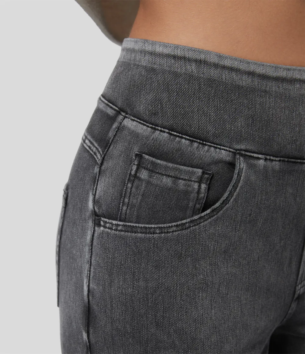 Magic High Waisted Multiple Pockets Wide Leg Loose Stretchy Knit Work Jeans