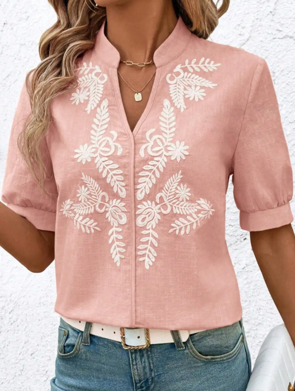 Everyday V Neck Embroidered Blouse