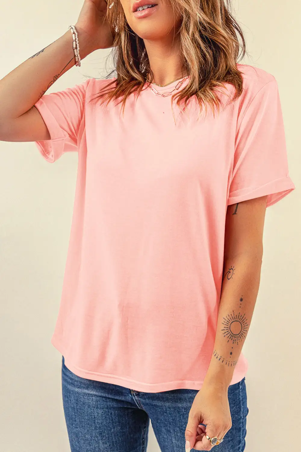 Pink Casual Plain Crew Neck