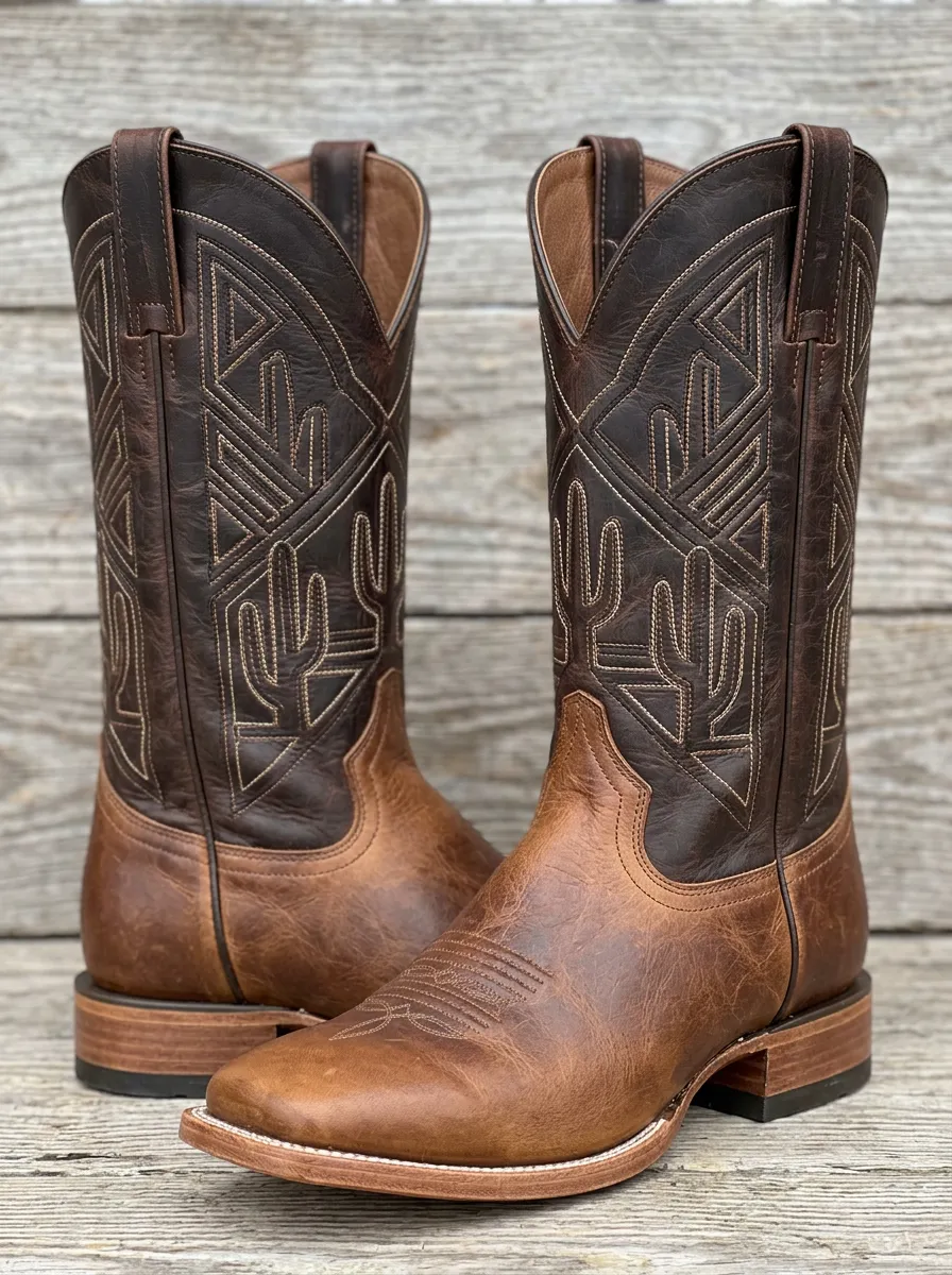 Trail Cactus Embroidered Leather-Look Country Style Men's Western Cowboy Boots