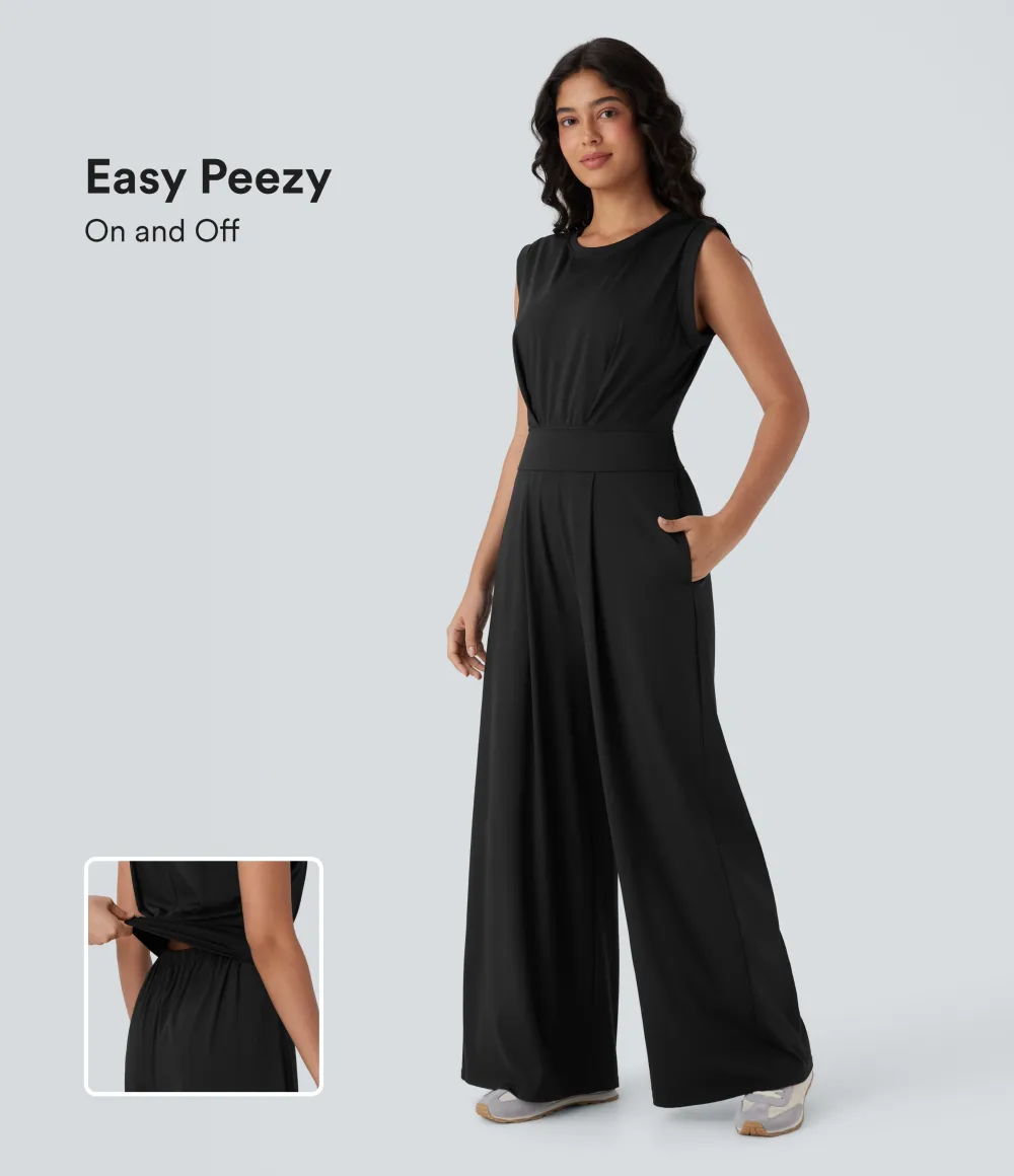 SoftlyZero QuickDry Round Neck Sleeveless Keyhole Pocket Yoga Jumpsuit-Easy Peezy Edition