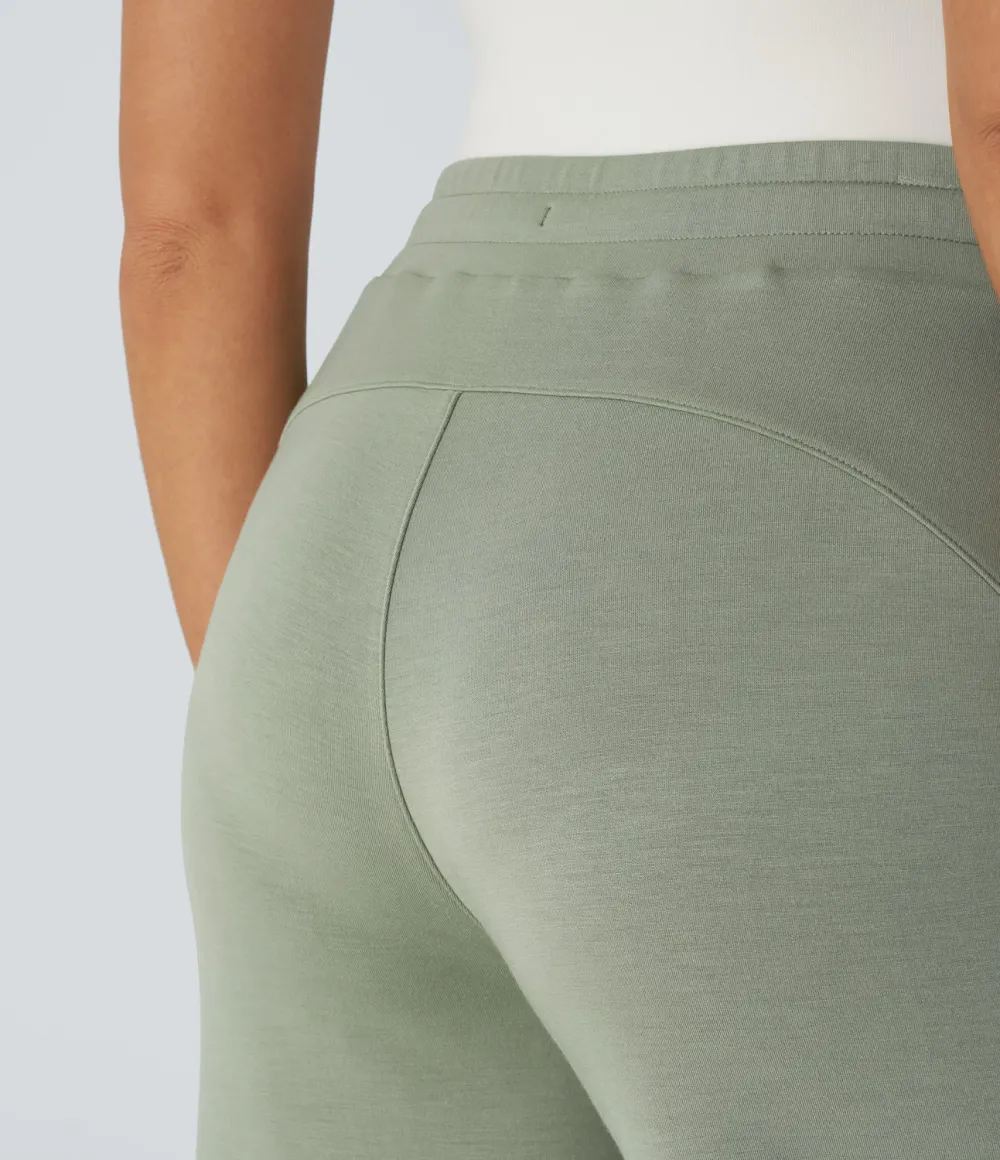 High Waisted Drawstring Capri Work Wide Leg Pants