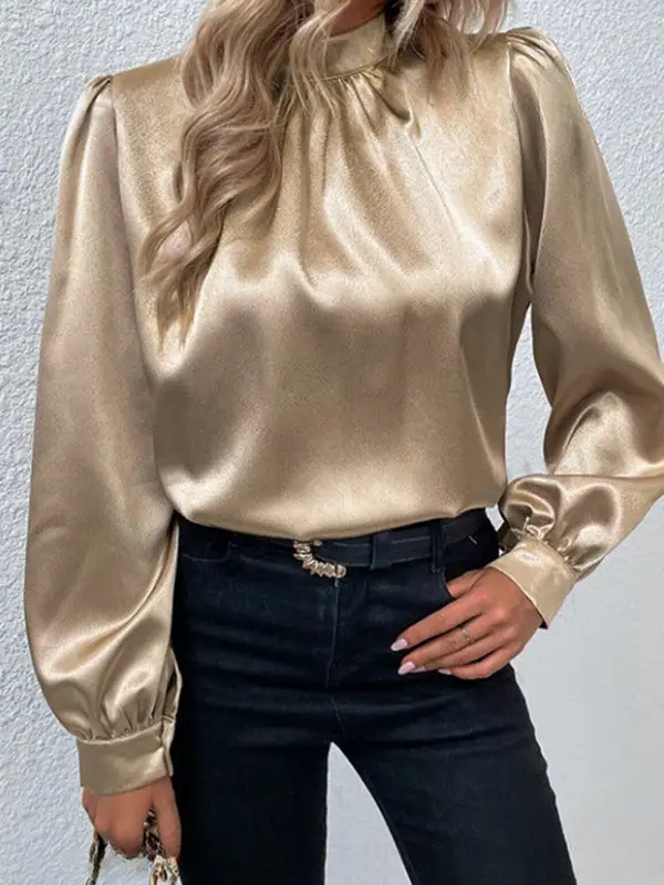 Long Sleeve Relaxed Pleat Detail Shiny Panel Detail Mock Neck T-Shirt