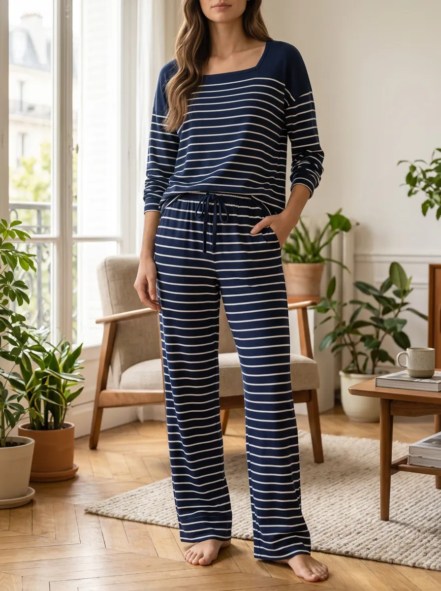 Women's Casual Loungewear Navy White Striped Printed Lounge Set