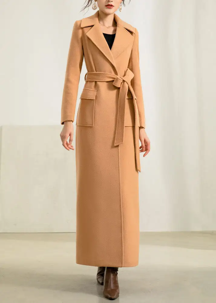 Wool Blend Fit and Flare Belted Lapel Collar Pocketed Long Coat
