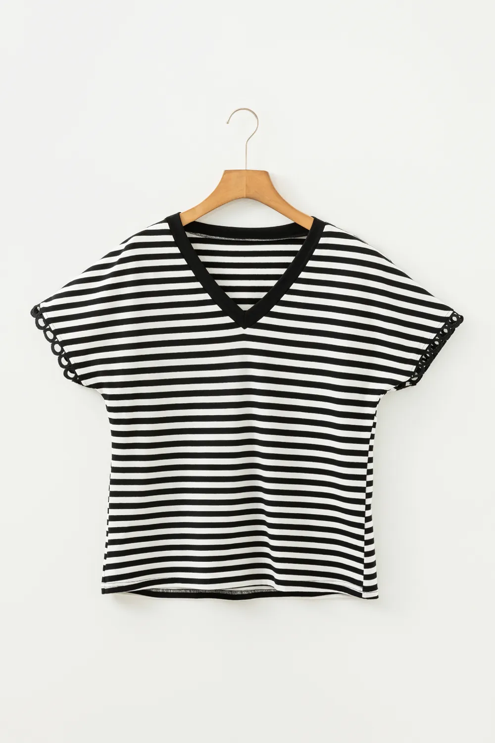 Black Striped Print V Neck Tee