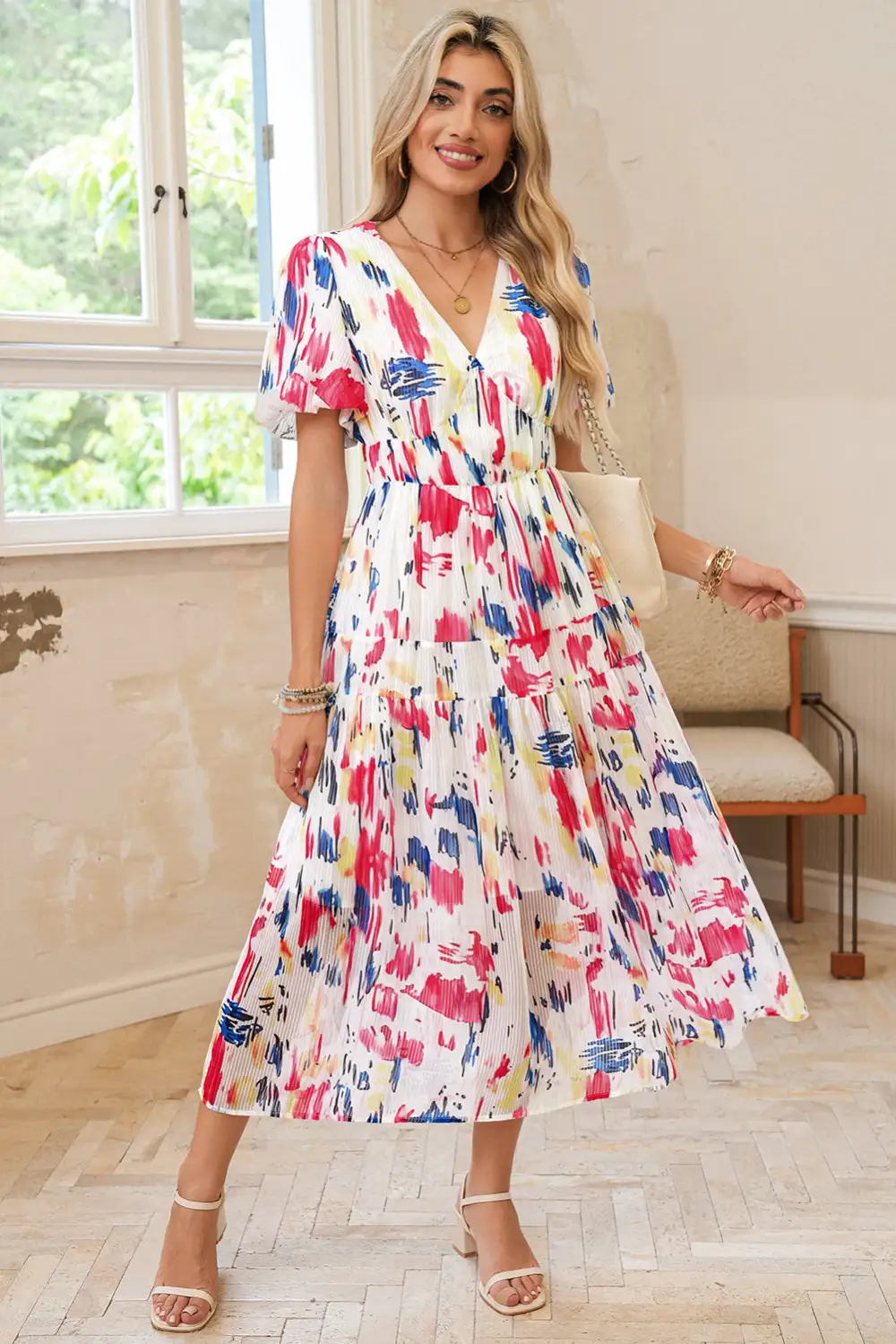 Abstract Print Tiered Puff Sleeve Maxi Dress