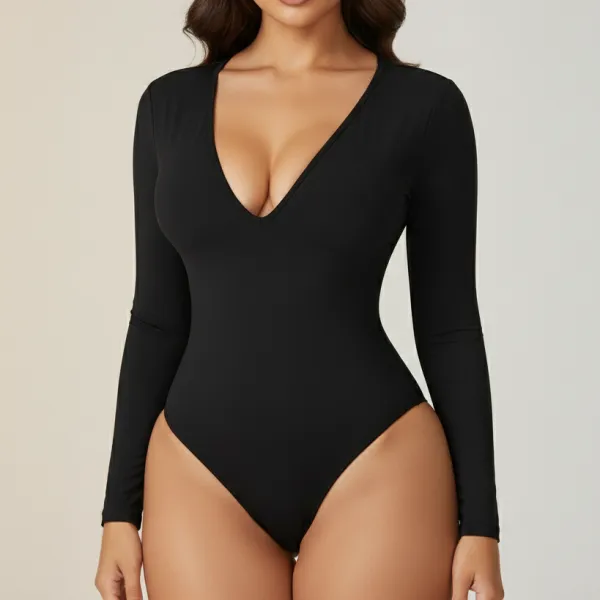 V Neck Long Sleeve Thong Bodysuit