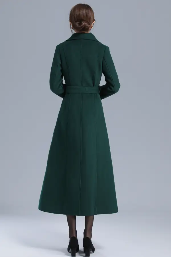 Wool Blend Double Breasted Belted Lapel Collar Coat