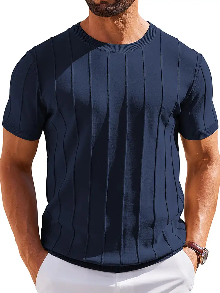 Casual Short Sleeve Shirt Ribbed Knit Pullover Tee