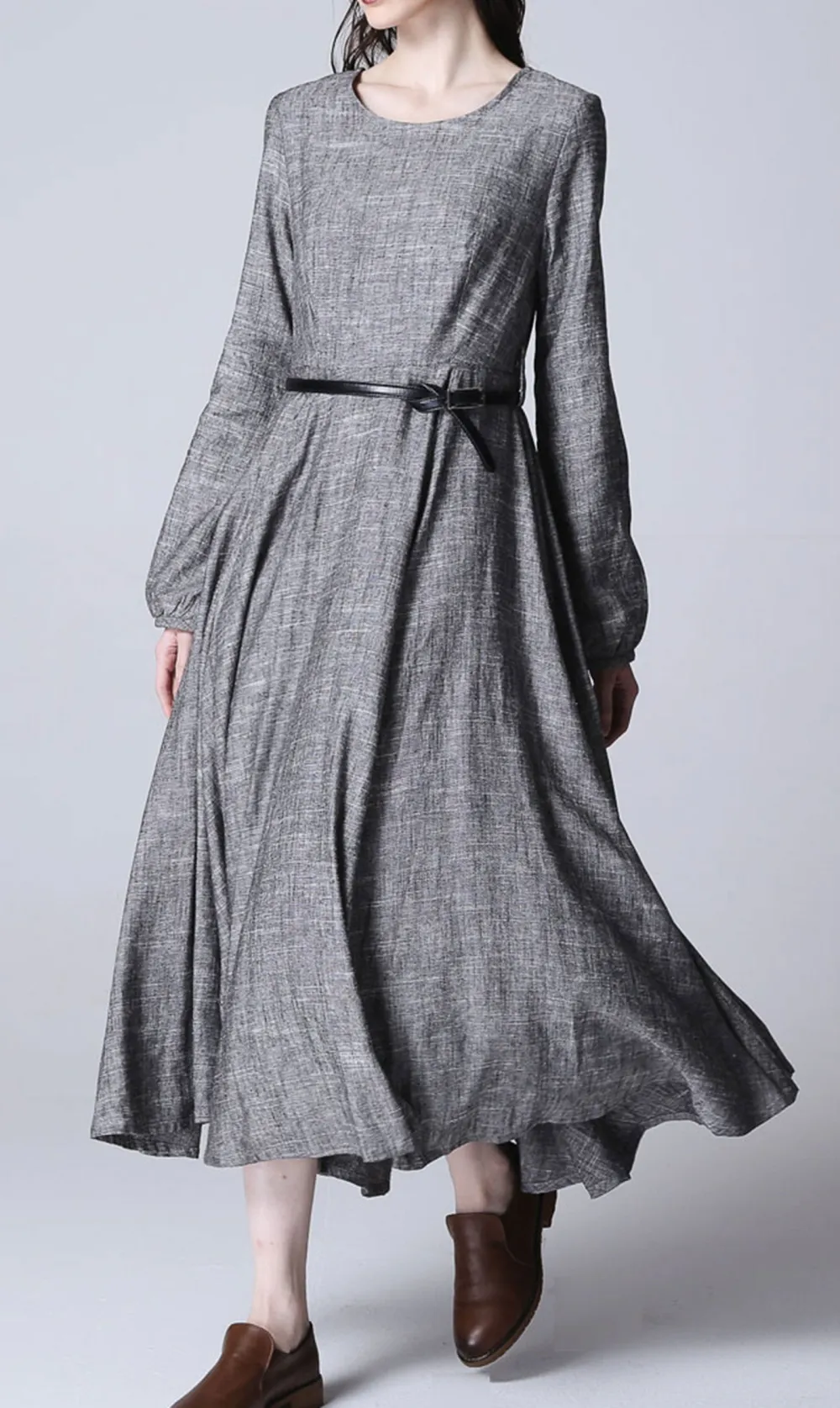 Detailed Linen Long Sleeve Maxi Dress