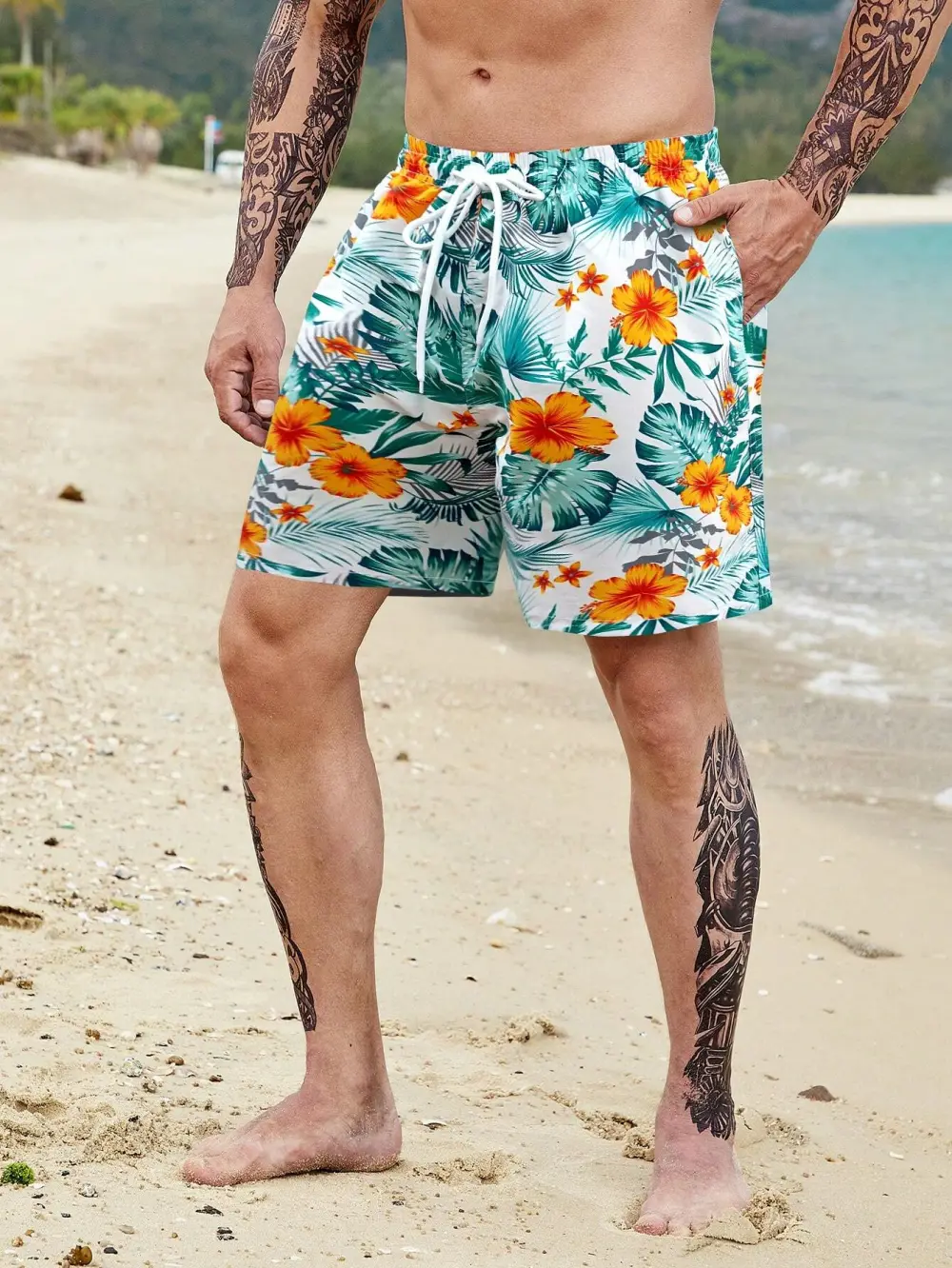 Men's Coastal Tropical Allover Print Drawstring Pocket Beach Shorts