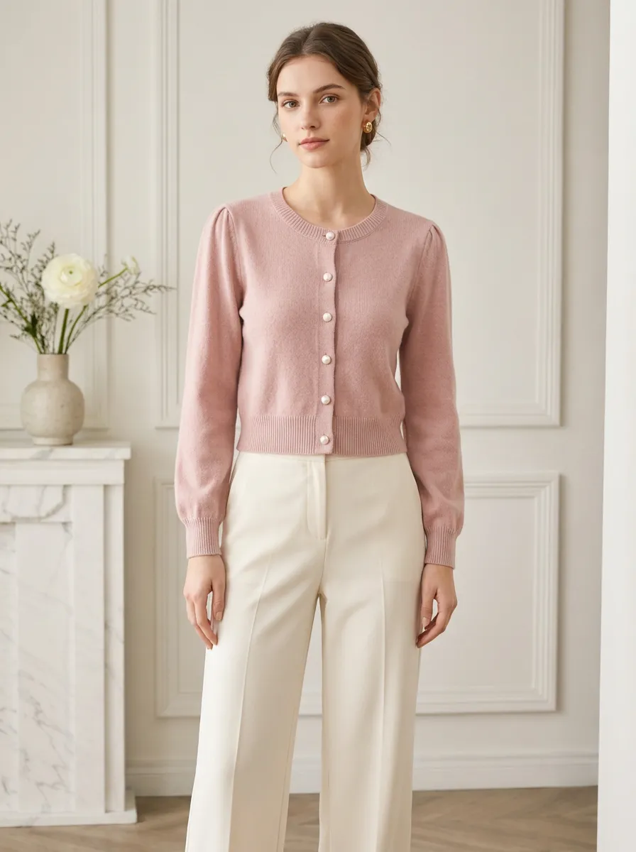 Women's Pink Pearl Button Puff Sleeve Knit Cardigan