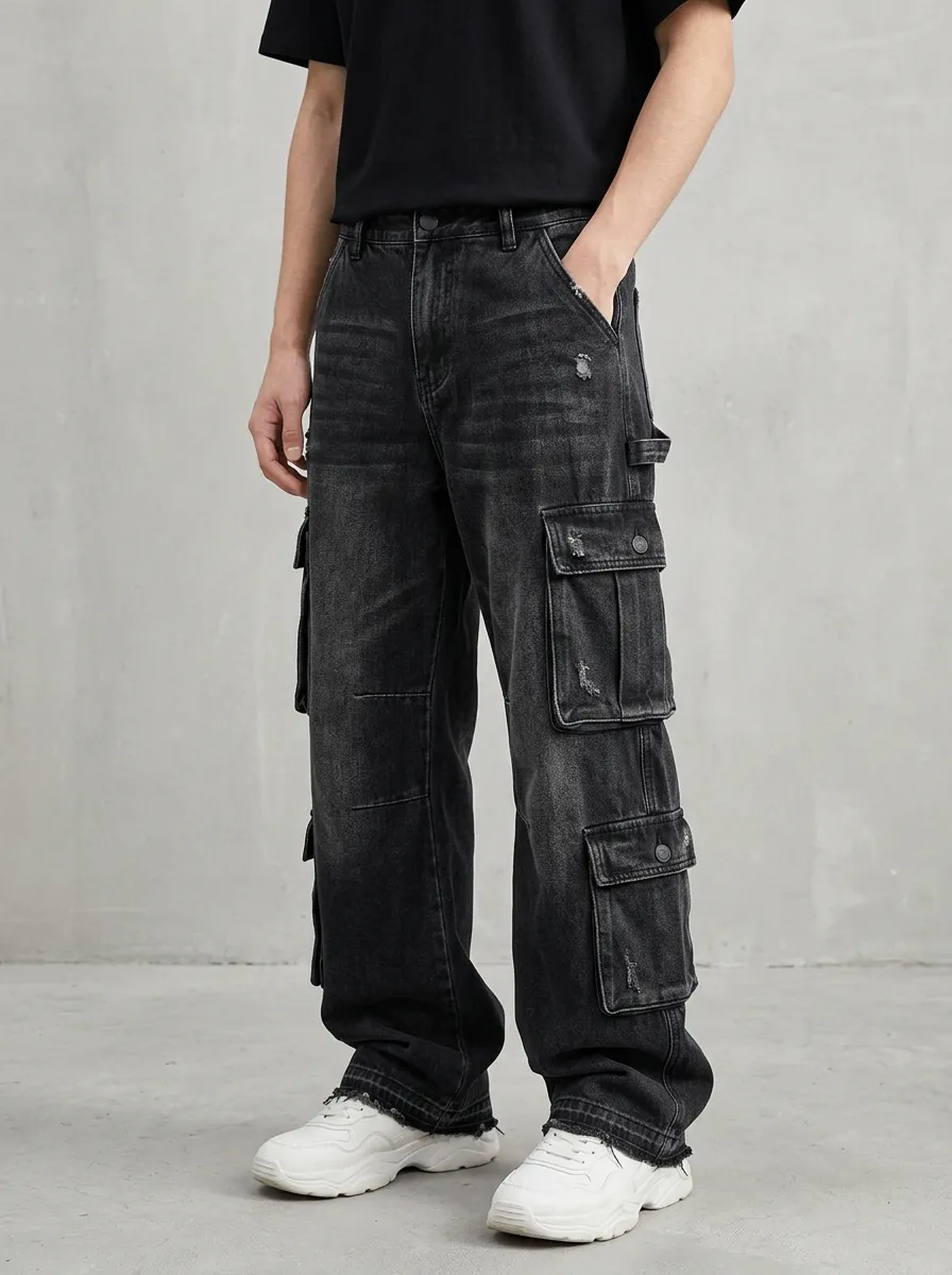 Men's Streetwear Distressed Black Denim Multi-Pocket Cargo Jeans