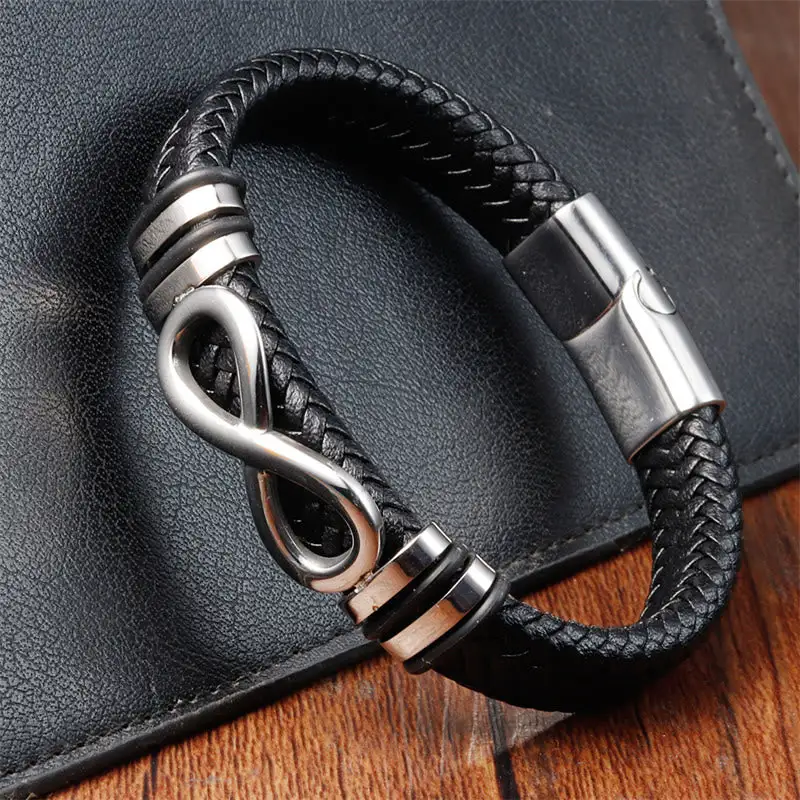 Endless Knot Design Titanium Steel Braided Leather Bracelet