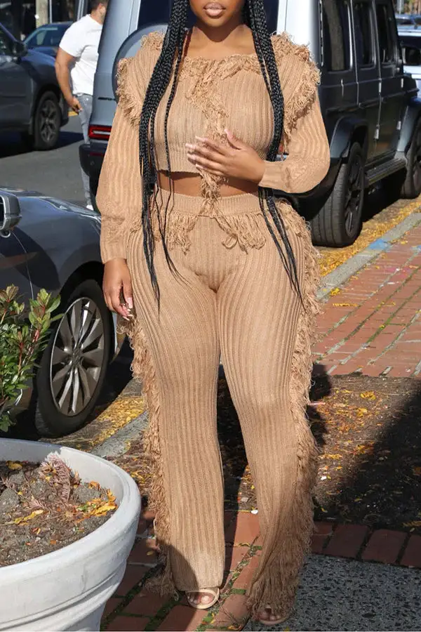 Solid Color Tassel Round Neck Pant Set