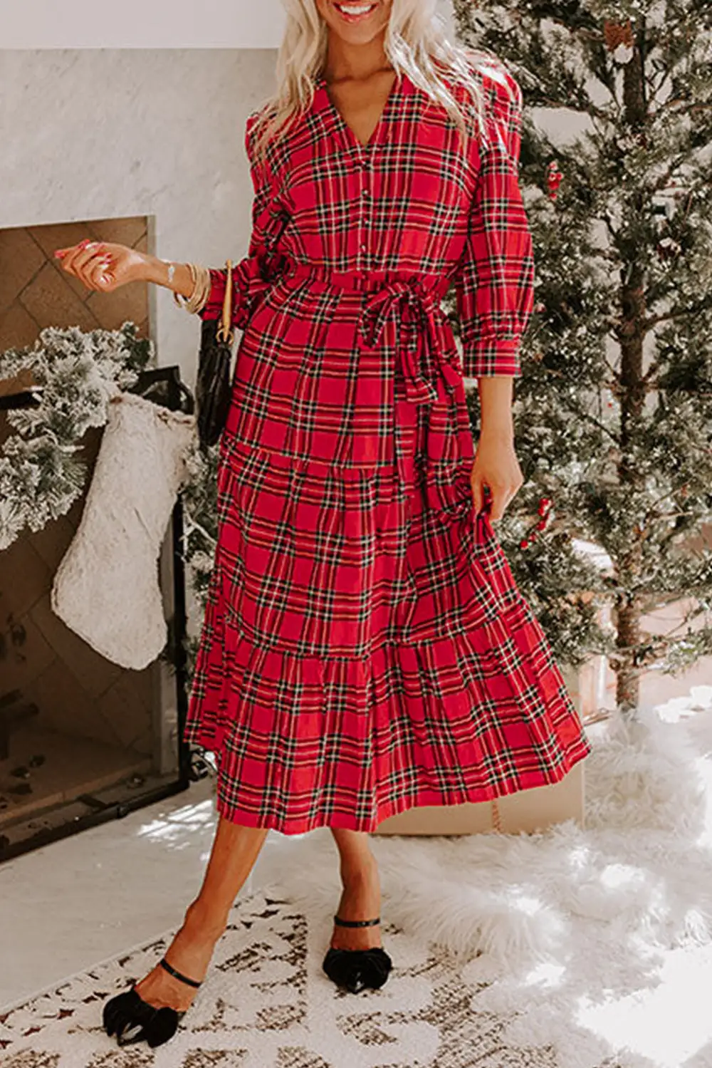 Maxi Christmas Plaid V Neck Sleeve Tie Waist Ruffle