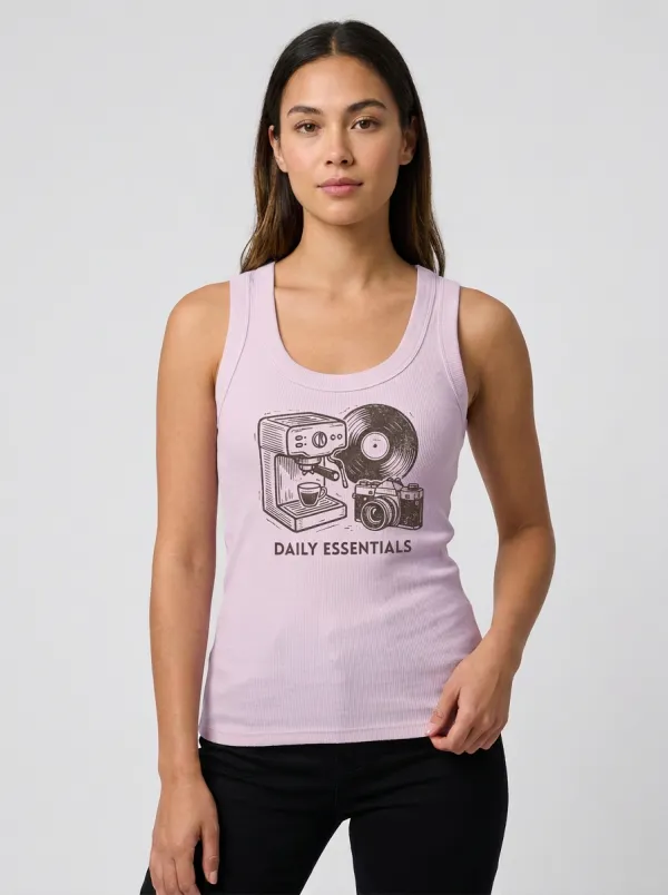 Women's Coffee Vinyl Camera Daily Essentials Graphic Tank Top