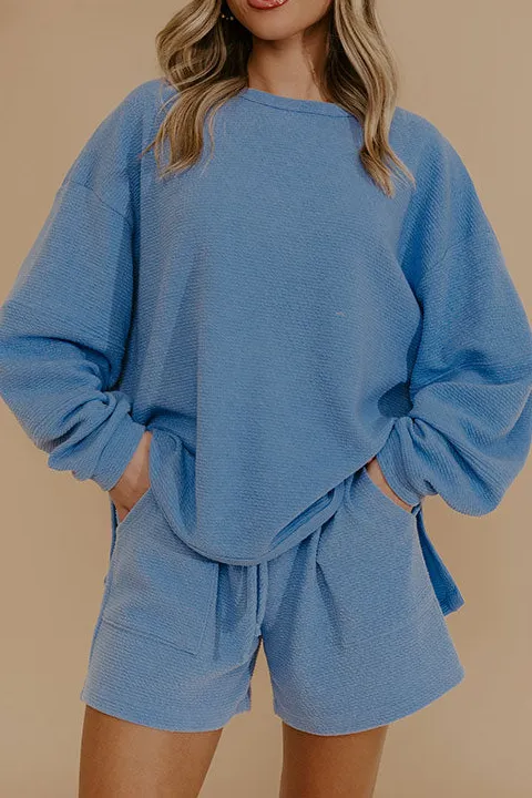 Weekend Wind-Down Waffle Knit Long Sleeve Tee In Light Blue