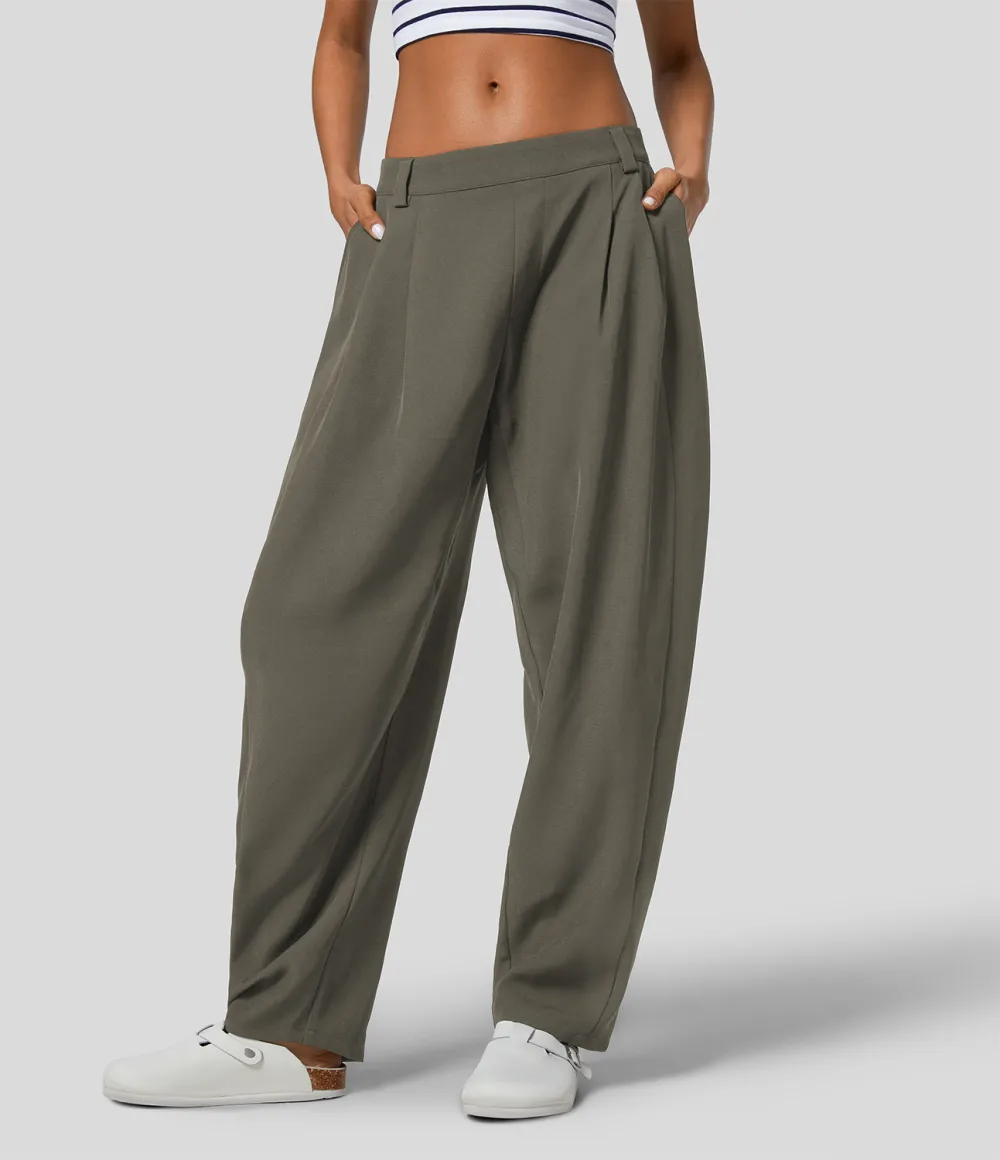 Mid Rise Plicated Side Pocket Barrel Leg Work Pants