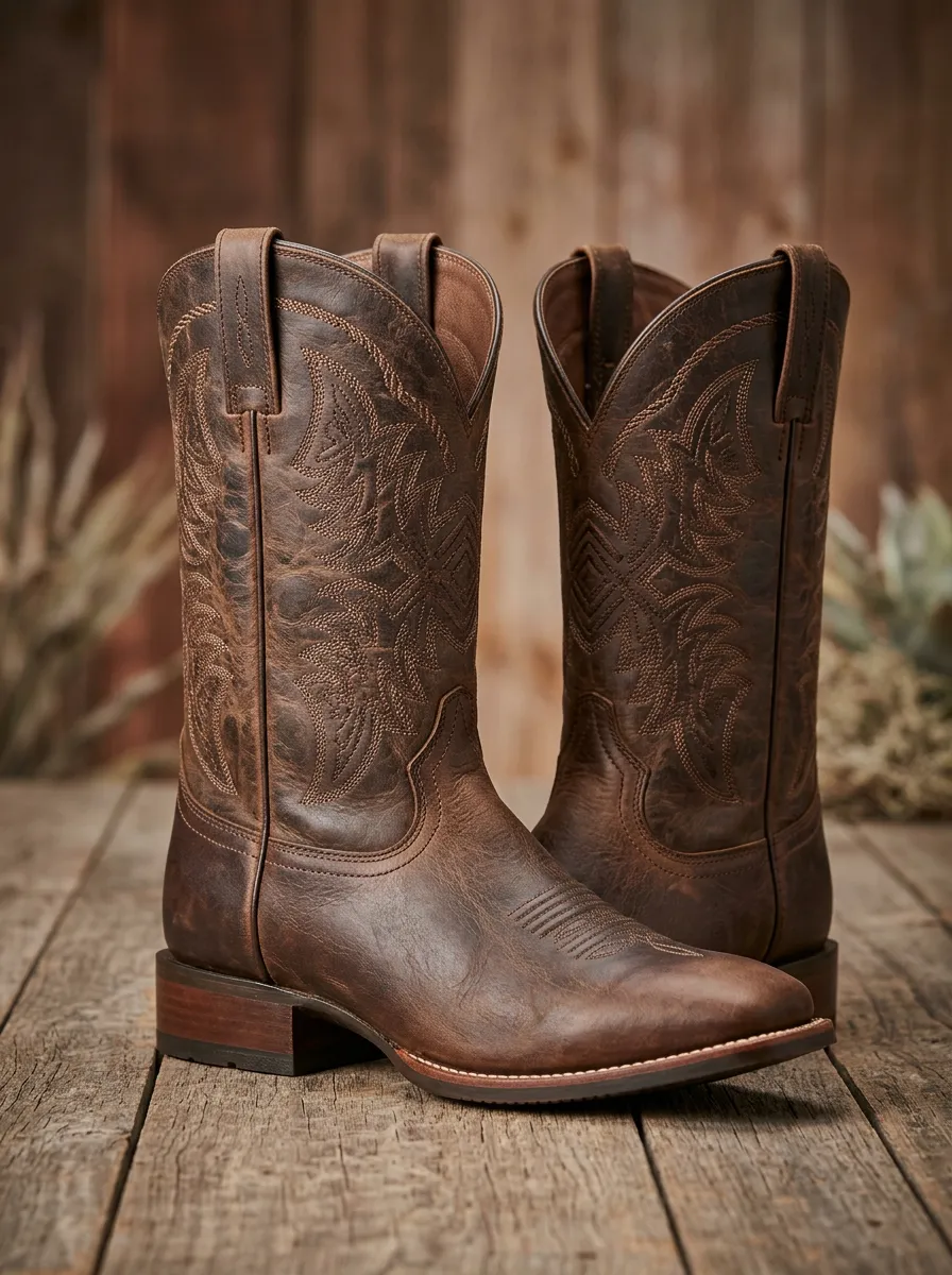 Unisex Western Tonal-Embroidery Tonal-Stitch Square-Toe Mid-Calf Stacked-Block-Heel Cowboy Boots