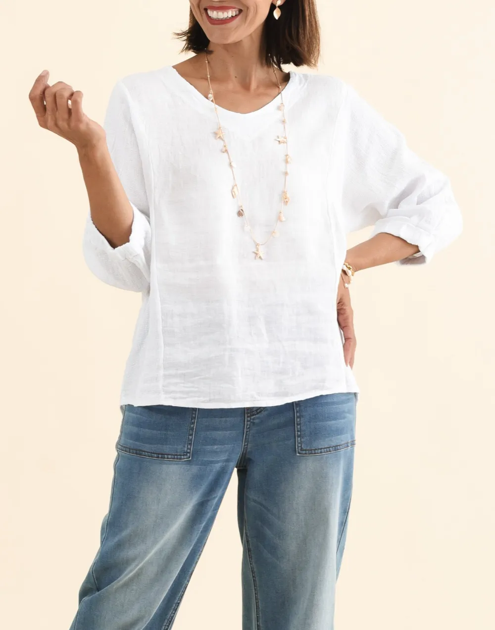 Contrast Trim Linen Cotton Blend V-Neck Top