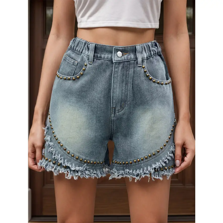 Raw Hem Studded Denim Shorts