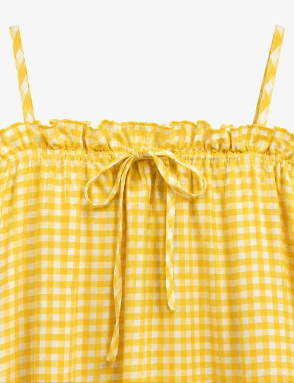 Gingham Drawstring Neck Ruffle Cami Top