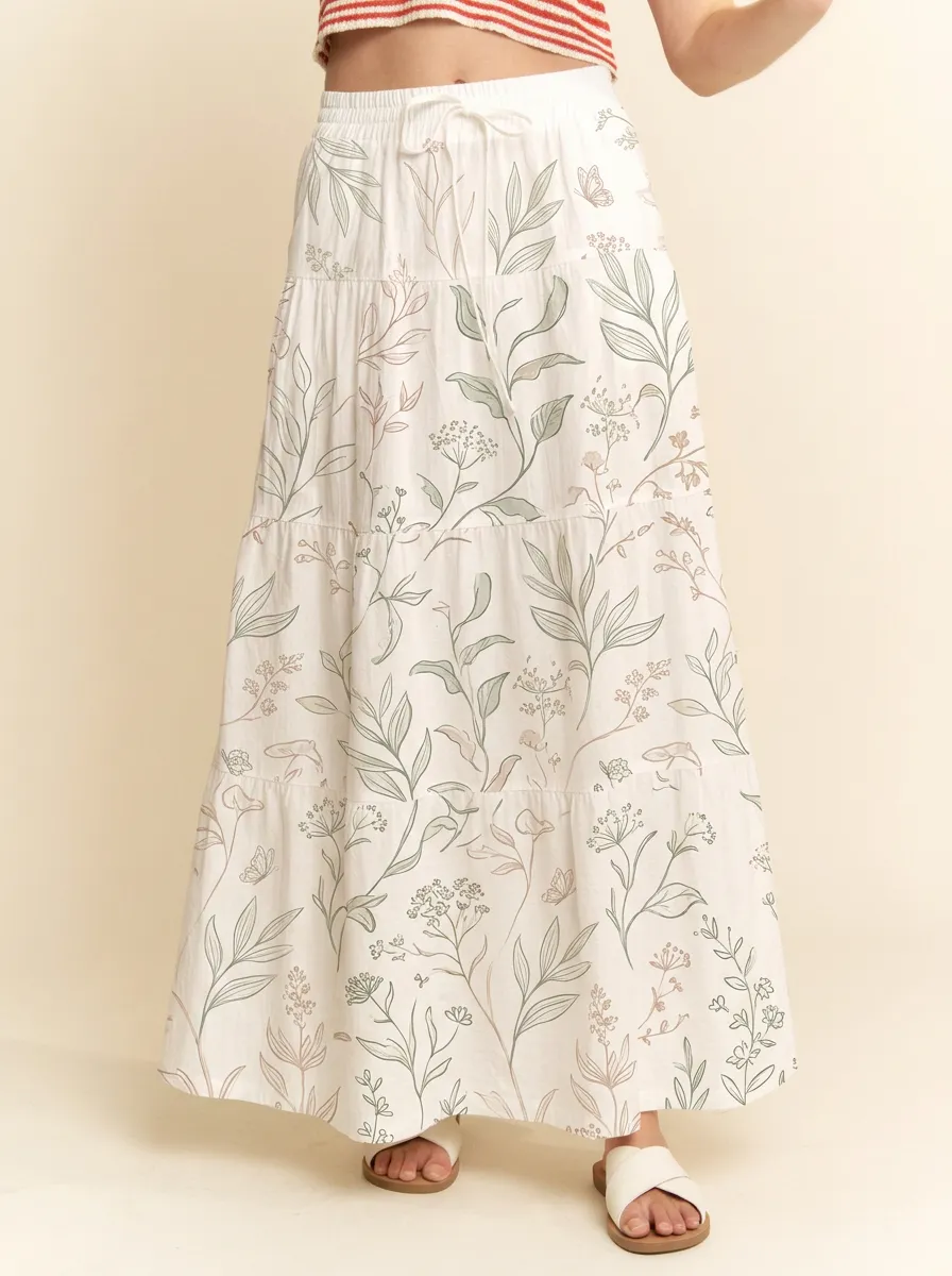 Women's Botanical Floral Butterfly Printed Tiered Maxi Skirt