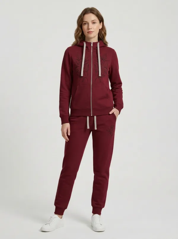 Women's Heather Grey Floral Line Art Embroidered Zip-Up Hoodie Jacket & Jogger Set