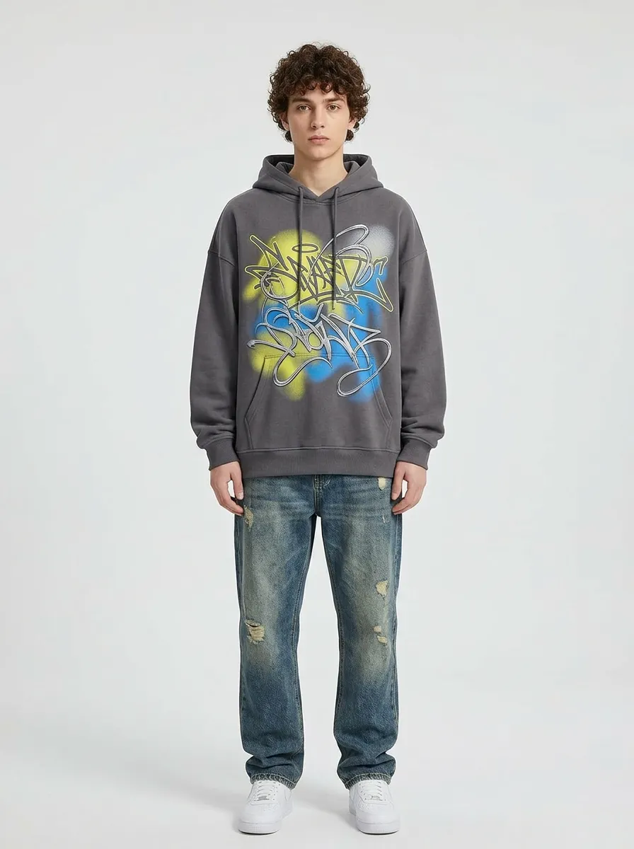 Unisex Streetwear Graffiti Art Yellow Blue Hoodie