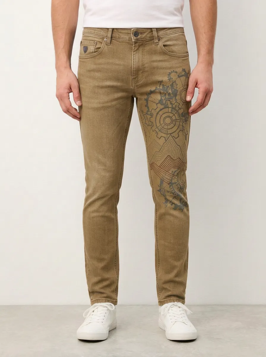 Men's Steampunk Gear Mountain Printed Stretch Jeans
