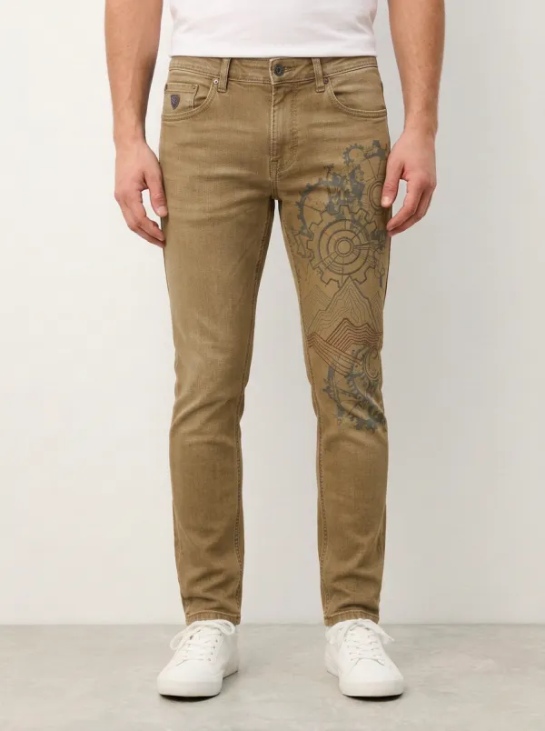 Men's Steampunk Gear Mountain Printed Stretch Jeans