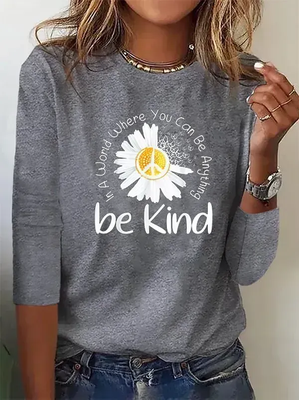 Women Casual Autumn Daisy Daily Loose Long sleeve Crew Neck Regular H-Line T-shirt
