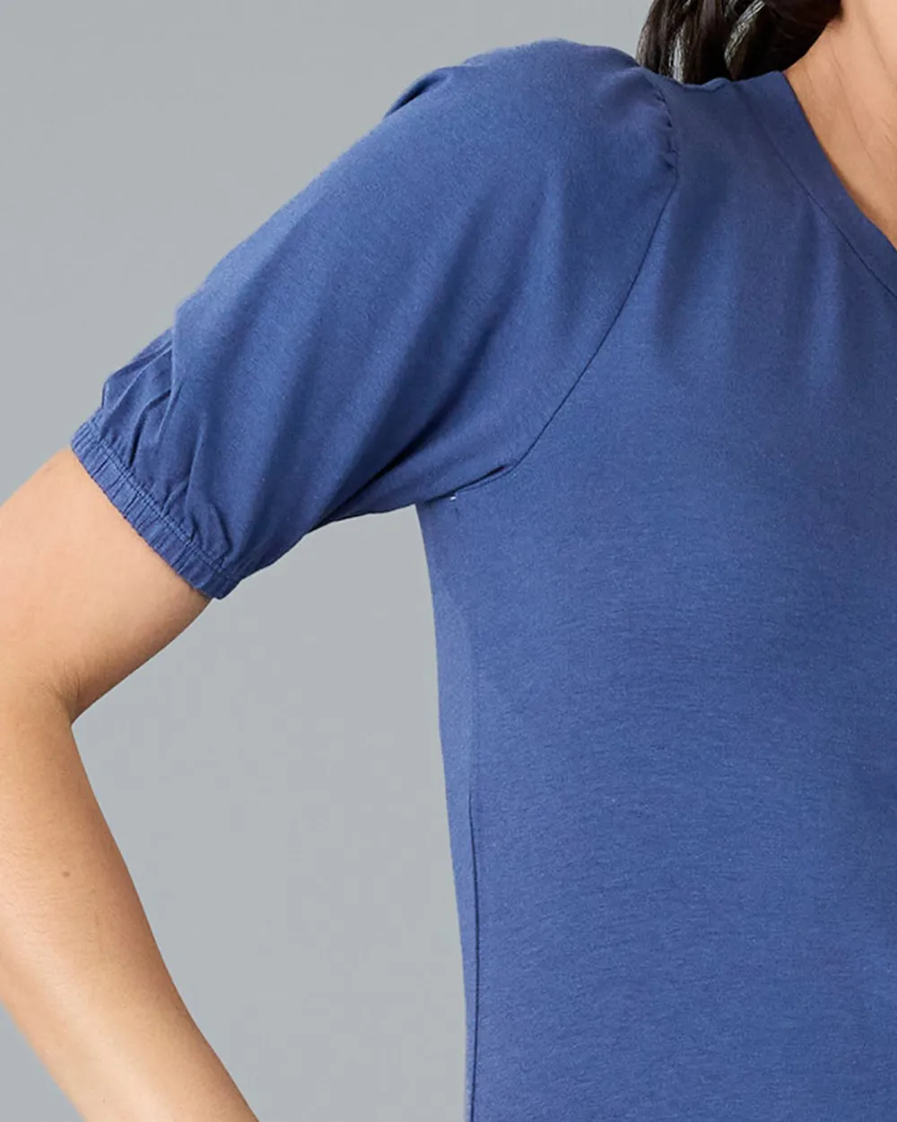 Fashionable Indigo Puff Sleeve Casual Blouse