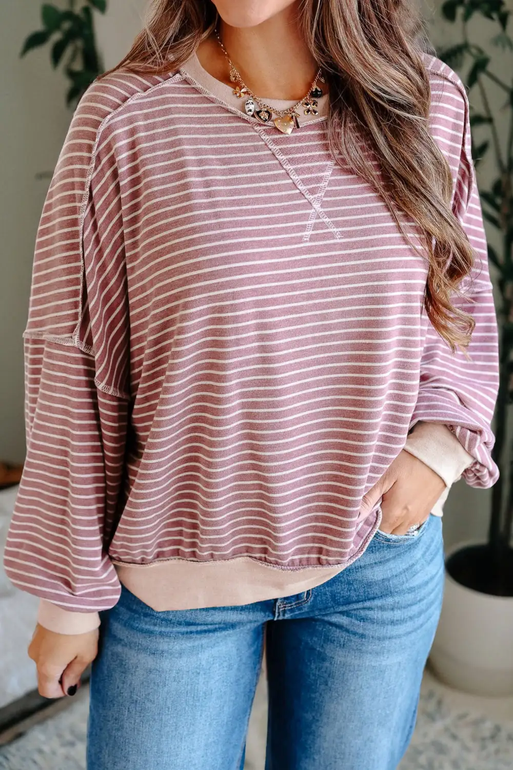 Women's Striped Long Sleeve Patchwork Top