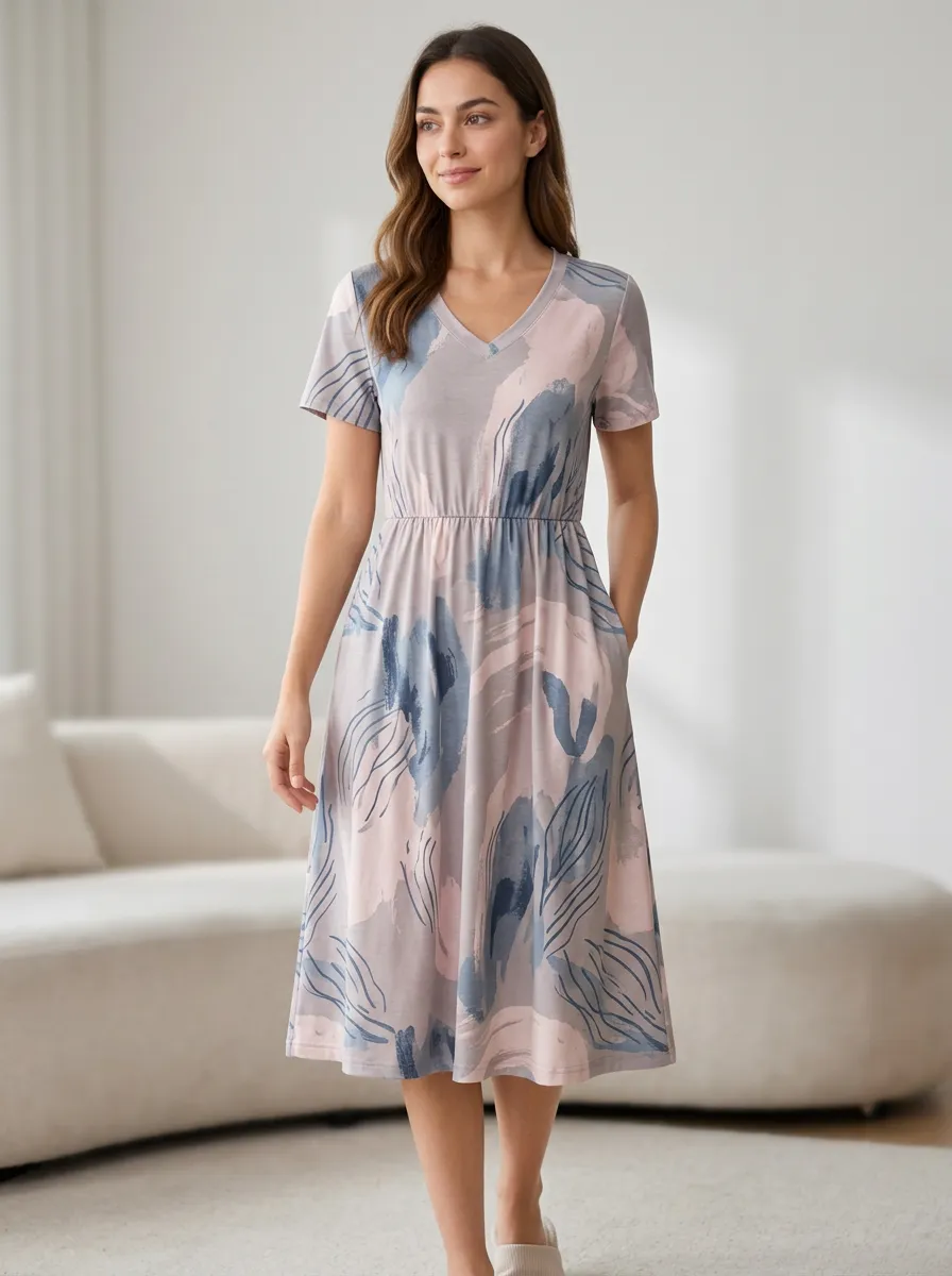 Women's Abstract Brushstroke Pattern Printed V-neck Dress