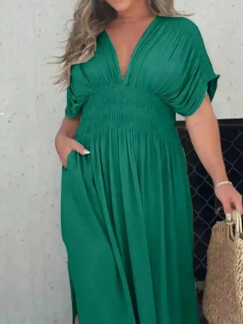V Neck Smocked Slit Maxi Dress