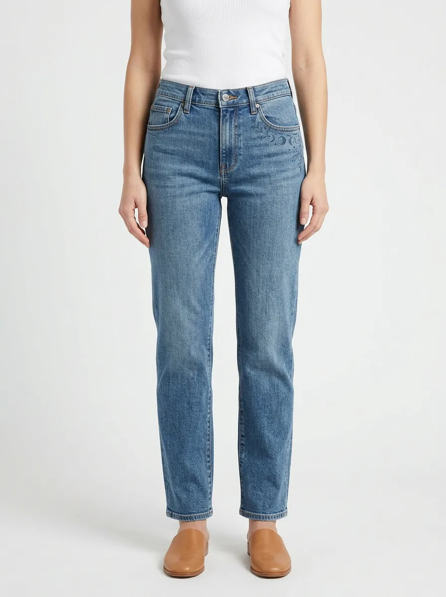 Women's Botanical Floral Embroidered Left-Hip Mid-Rise Straight-Leg Jeans