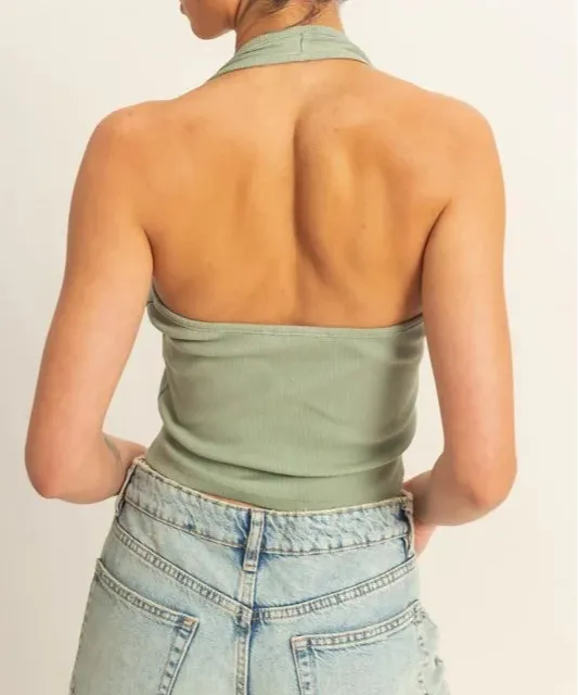 Halter-Neck Ribbed Buttoned Halter Top