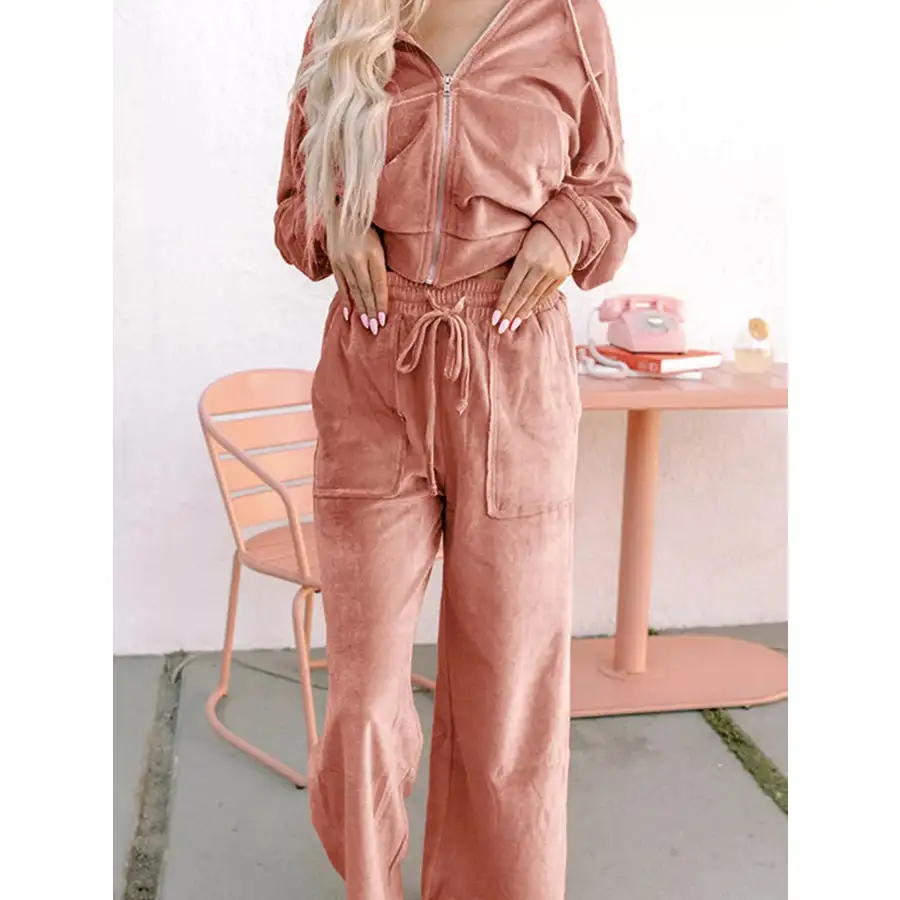 Zip Up Dropped Shoulder Hooded Top and Pants Set