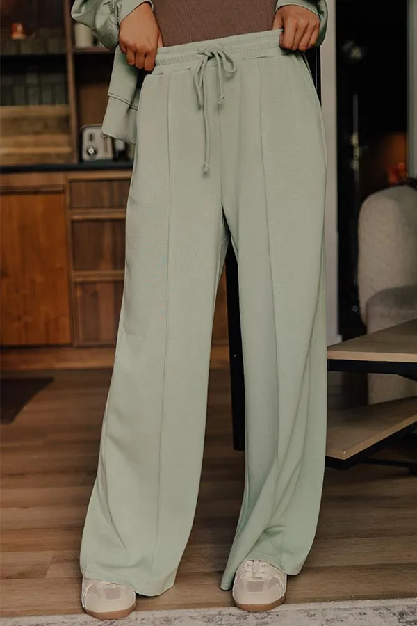 High Waist Wide Leg Scuba Knit Drawstring Pants