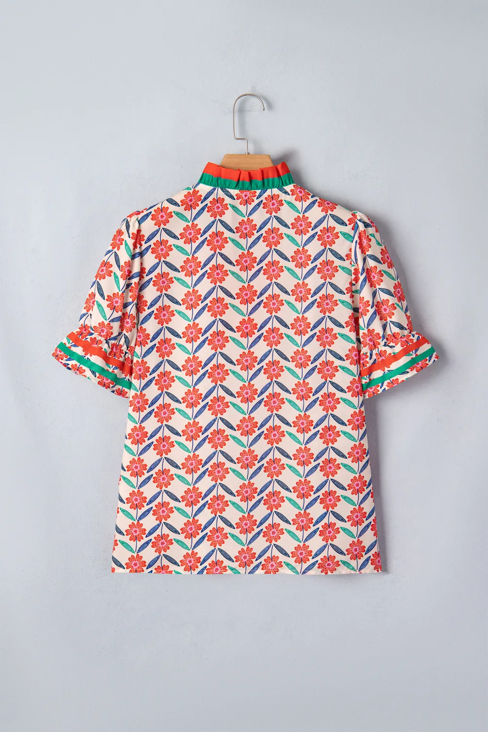 Red Floral Print Striped Detail Blouse