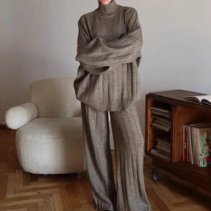 Polished Striped Sweater And Wide Leg Pants Set